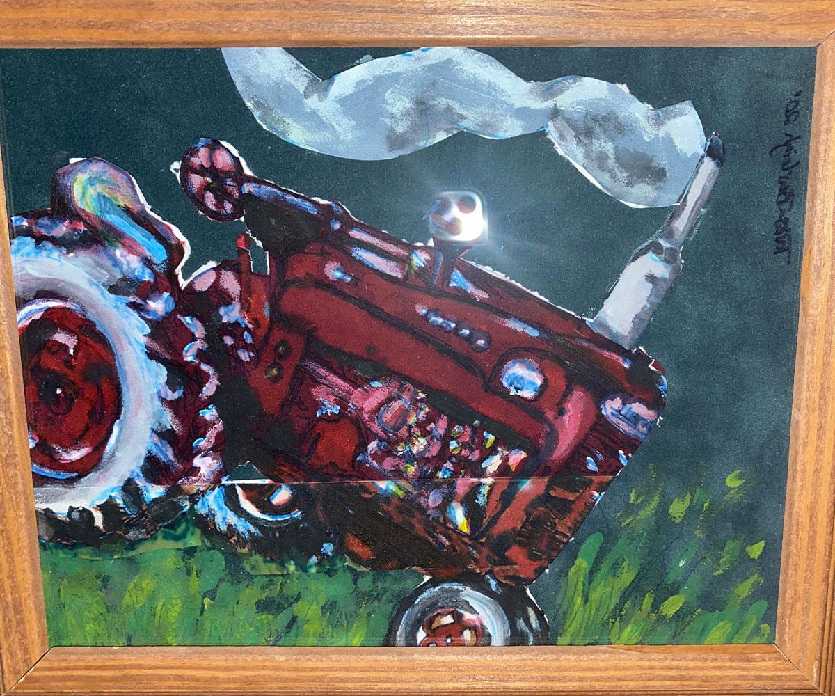 Art of Farmall tractor rolling down hill in some grass that was created on cut-outs of matting board and then painted on in acrylic